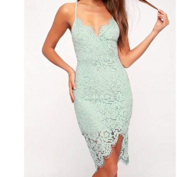 Lulu's Flirting With Desire Mint Green Lace Body Con Slit Dress - Picture 1 of 12
